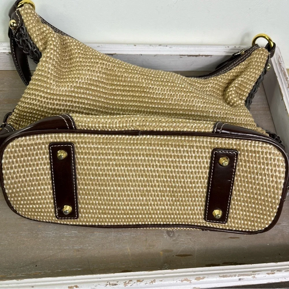 Giani Bernini Woven Hobo Bag Straw Brown Trim Gold Hardware Shoulder Tote